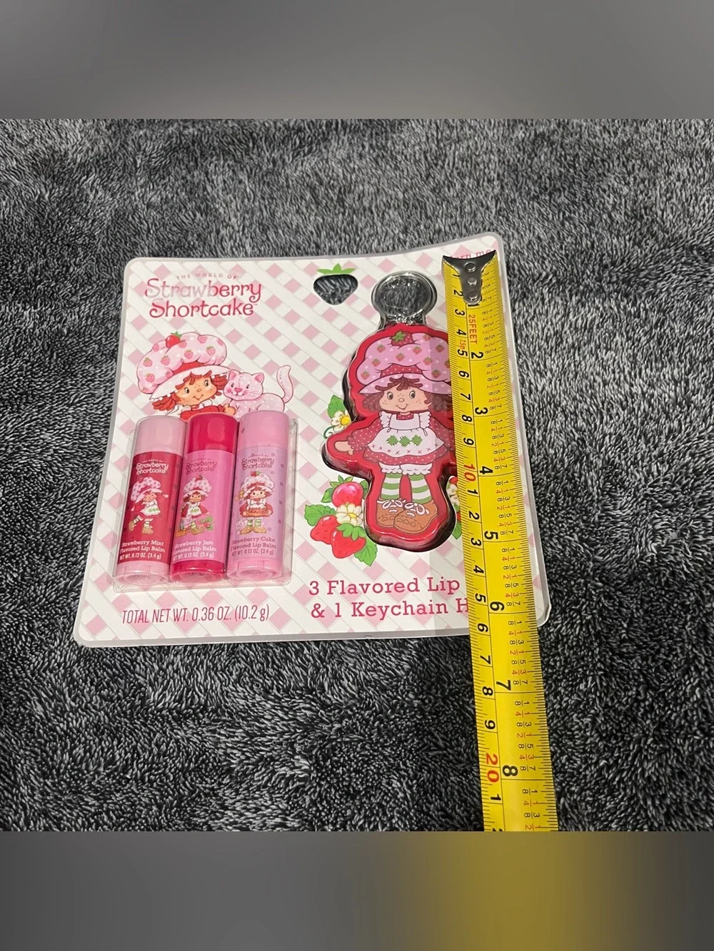 Strawberry Shortcake flavored lip balm set includes a keychain holder